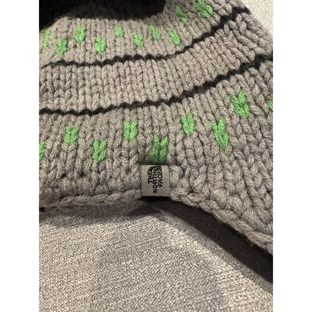 The North Face Gray Knit Earflap Beanie Hat Pom Pom Green Black Winter